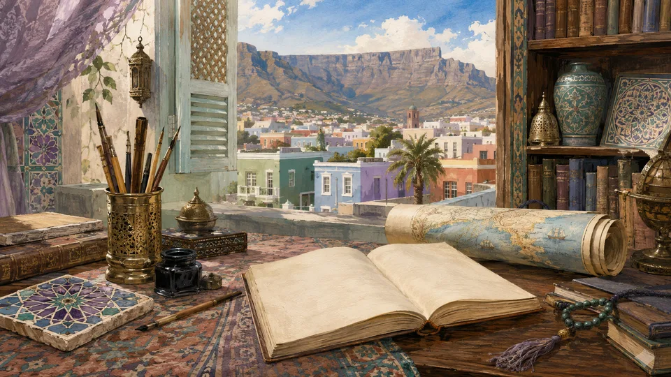 Illustration of a manuscript and writing desk overlooking a fictional Cape Town street.