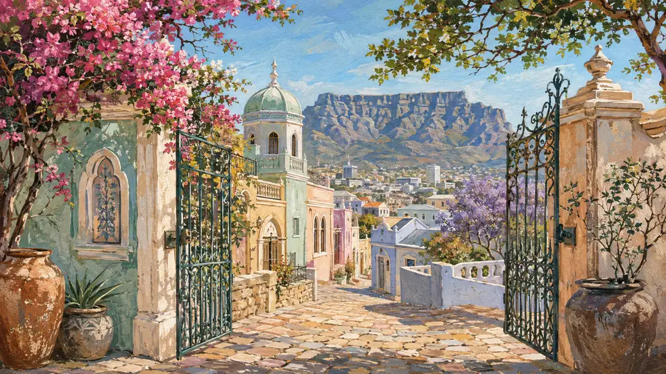Illustration of an open gate onto a fictional Cape Town street.