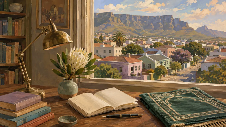 Illustration of a quiet study overlooking a fictional Claremont streetscape.