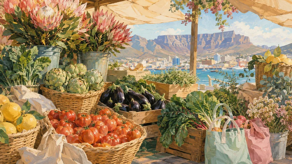 Illustration of fresh produce at a fictional Cape Town harbour market.
