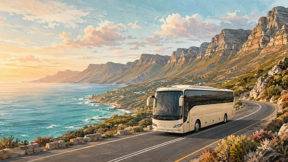 Illustration of a cream coach on a fictional Cape coastal road, heading the other way.